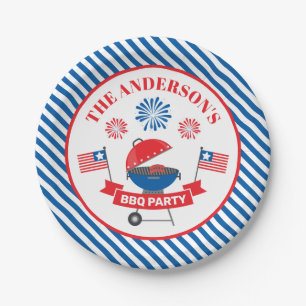 July 4th Barbeque BBQ Party Navy Striped Paper Plate