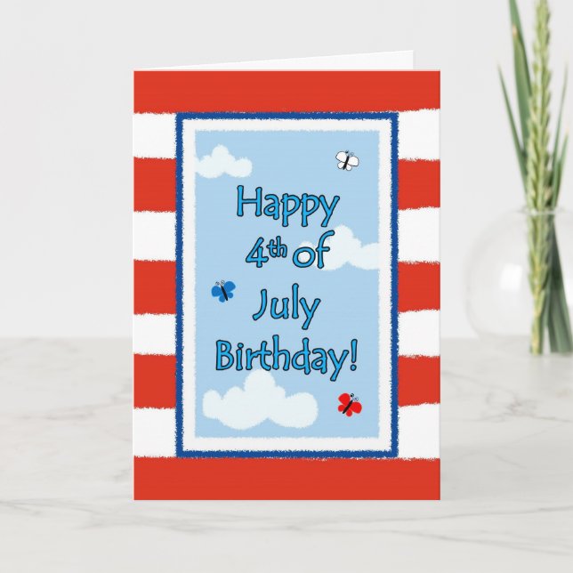 July 4th Birthday, Butterflies Flag Greeting Card (Front)
