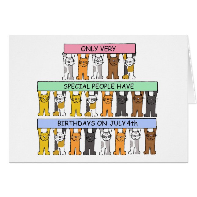 July 4th Birthday Cartoon Cats Holding Banners (Front Horizontal)