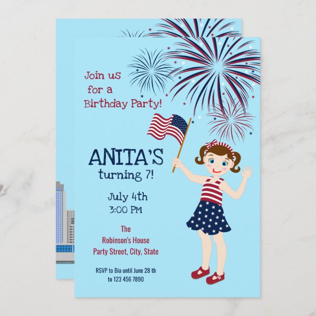 July 4th Birthday Girl Party  Invitation (Front/Back)