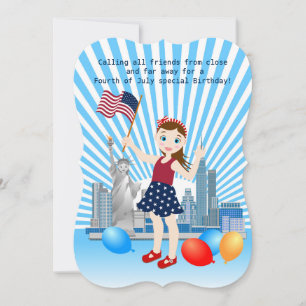 July 4th Birthday Girl with USA flag Invitation