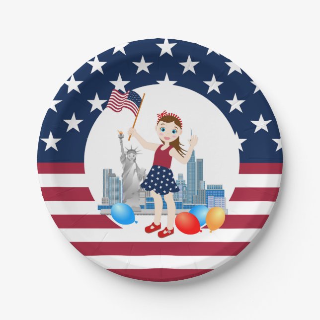 July 4th Birthday Girl with USA flag Paper Plate (Front)