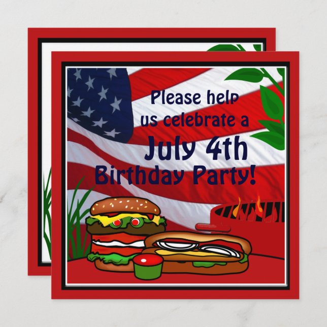 July 4th Birthday Grill Picnic Hamburger Hotdog Invitation (Front/Back)