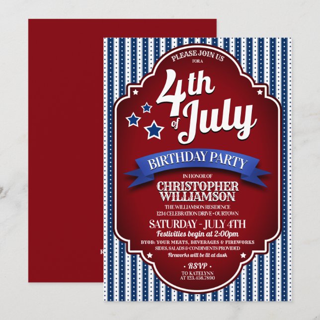 July 4th Birthday Party  Invitations (Front/Back)