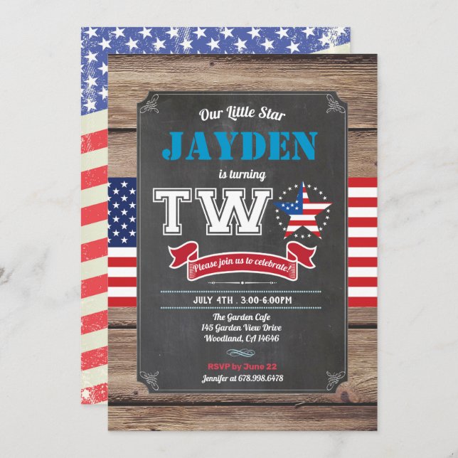 July 4th boy 2nd birthday turning TWO kid Invitation (Front/Back)