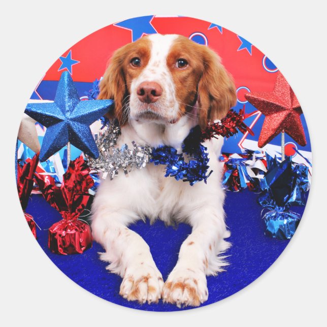 July 4th - Brittany Spaniel - Charlie Classic Round Sticker (Front)