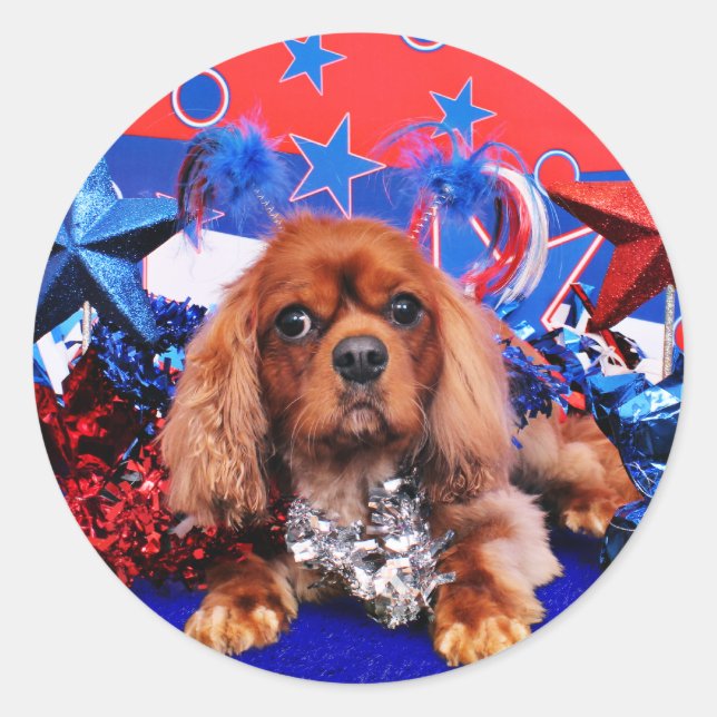 July 4th - Cavalier King Charles Spaniel - Cooper Classic Round Sticker (Front)