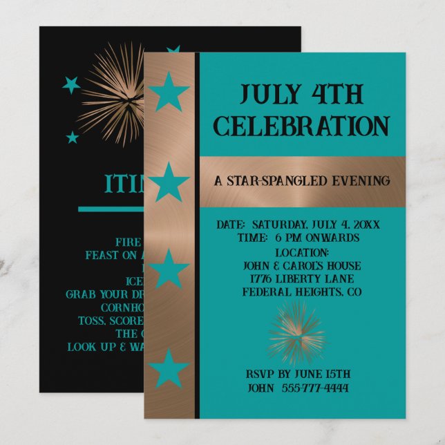 July 4th Celebration Unique Copper & Turquoise  Invitation (Front/Back)