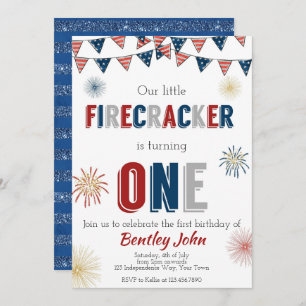 July 4th Firecracker 1st Birthday Invitation