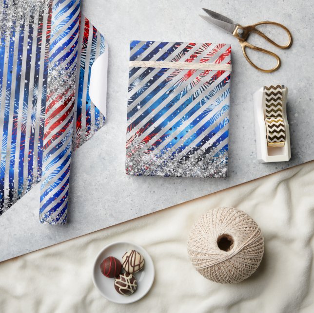 July 4th Fireworks Silver Glitter Independence Day Wrapping Paper (Crafts)