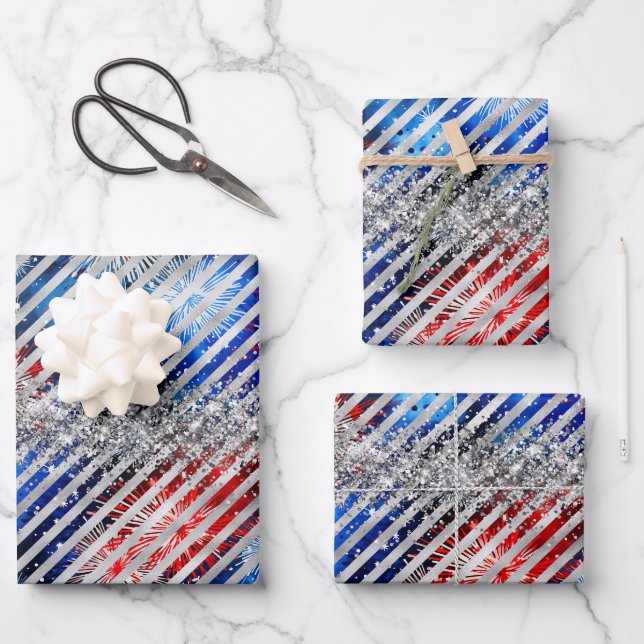 July 4th Fireworks Silver Glitter Independence Day Wrapping Paper Sheet (Front)