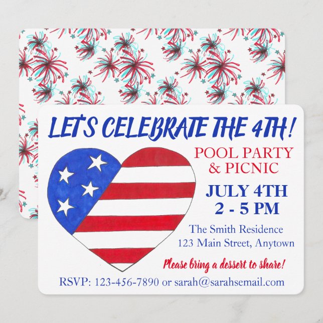 July 4th Flag Heart Fireworks Patriotic USA Party Invitation (Front/Back)