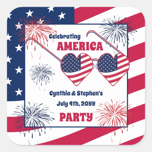 July 4th Heart Sunglasses America Party  Square Sticker (Front)