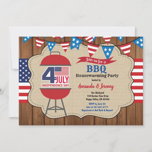 July 4th Housewarming Party BBQ rustic wood Invitation (Front)