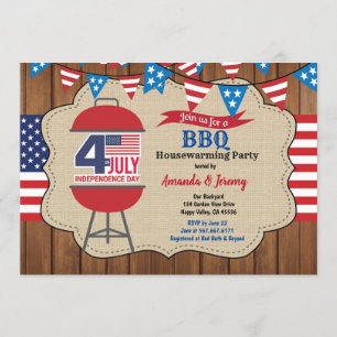 July 4th Housewarming Party BBQ rustic wood Invitation