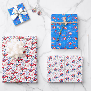 July 4th Motifs Red White Blue 3 Playful Patterns Wrapping Paper Sheet