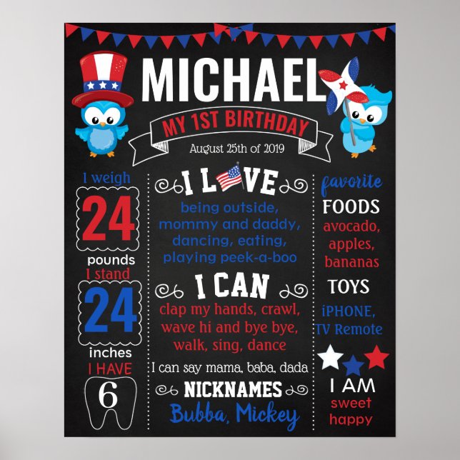 July 4th Owl Patriotic red blue flag Birthday Poster (Front)