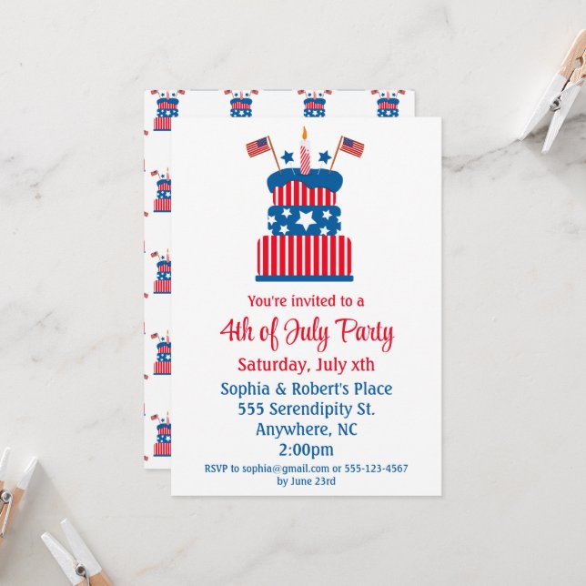 July 4th Party Red White and Blue Cake Invitation (Front/Back In Situ)