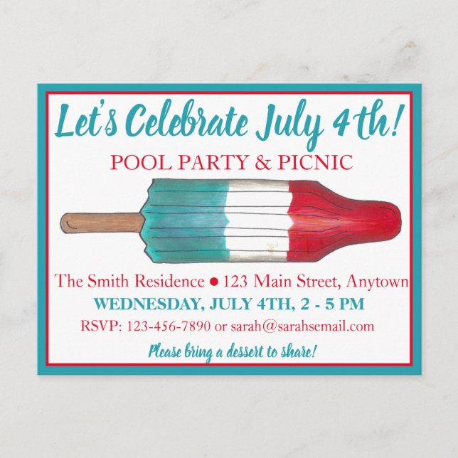 July 4th Party Rocket Pop Popsicle Fireworks Invitation Postcard (Front)