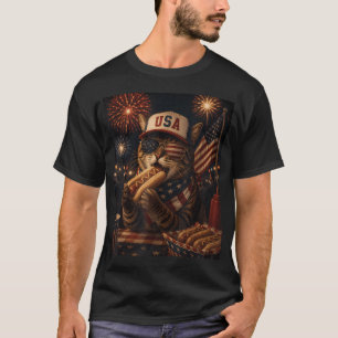 July 4Th Patriotic Cat 250 Eating Hotdog 250 T-Shirt