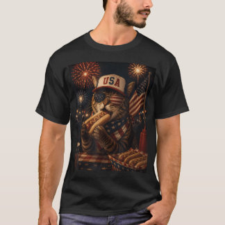July 4Th Patriotic Cat 250 Eating Hotdog 250 T-Shirt