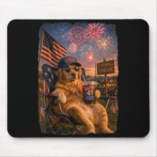 July 4th Patriotic Golden Retriever Drinking Iced Mouse Pad