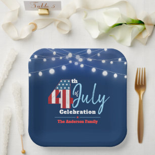 July 4th Patriotic Red White Blue Lights USA Flag Paper Plate