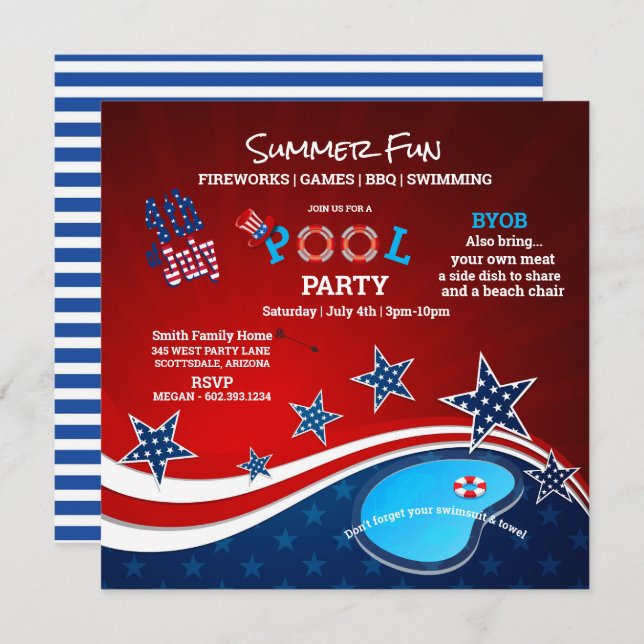 July 4th Pool Party BBQ Fireworks Invitation (Front/Back)