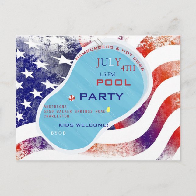 July 4th Pool Party Flag Invitation Postcard (Front)