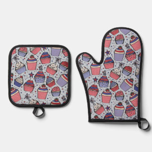 July 4th Red White and Blue Patriotic Cupcakes Oven Mitt & Pot Holder Set