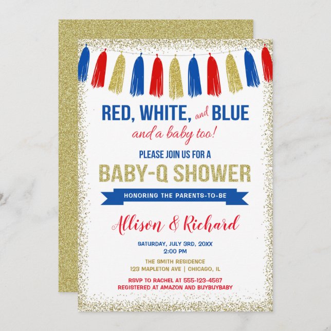 July 4th red white blue gold glitter baby shower invitation (Front/Back)