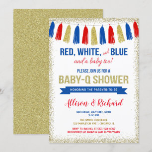July 4th red white blue gold glitter baby shower invitation