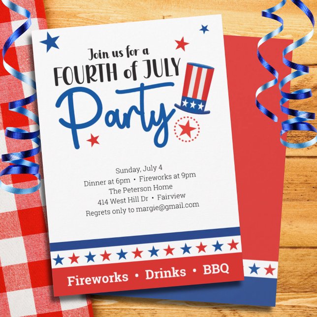 July 4th Red White Blue Stars Hat Party Invitation (Creator Uploaded)