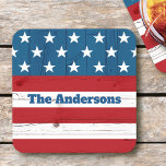July 4th Rustic Wood American Flag Patriotic Name Square Paper Coaster<br><div class="desc">Get ready to celebrate our country as you relax with your favourite beverage on these striking, graphic, patriotic custom name paper coasters. Navy blue bold typography overlays rustic, vintage, graphic, red and white stripes and white stars on blue, American flag weathered country wood panelled background. Personalise with your name if...</div>