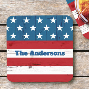 July 4th Rustic Wood American Flag Patriotic Name Square Paper Coaster