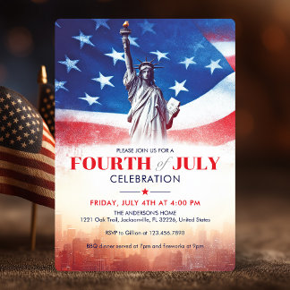 July 4th Statue of Liberty & USA Flag Vintage Art Invitation