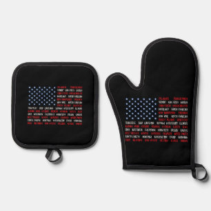 July 4th USA American Flag All 50 State Names Oven Mitt & Pot Holder Set