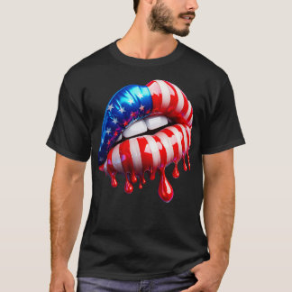 July 4th USA flag womans lips where the lipstick a T-Shirt