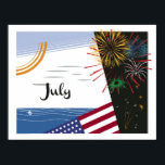 July Art Deco Beach Scene with Flag and Fireworks Poster<br><div class="desc">Adapted from our popular Art Deco calendar,  these images depict each month of the year as if it were a vintage soap label. July conveys a sunny day at the beach,  paired with an American flag and Fourth of July fireworks.</div>