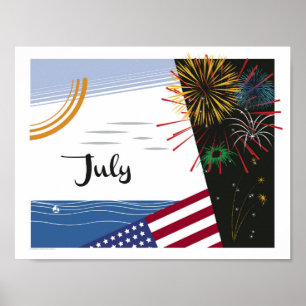 July Art Deco Beach Scene with Flag and Fireworks Poster