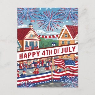 July Banner Amidst Festive Fireworks Holiday Postcard