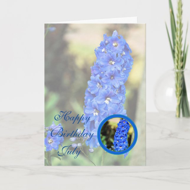 July Beautiful Blue Larkspur Flower Birthday Card (Front)