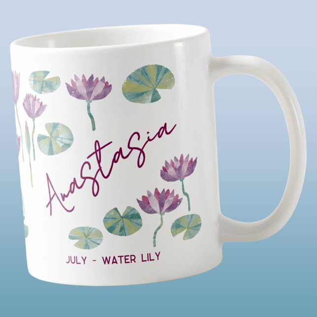 July Birth Flower Custom Name Water Lily Coffee Mug (July birth month flower water Lily watercolor art personalized custom name coffee mug gift)