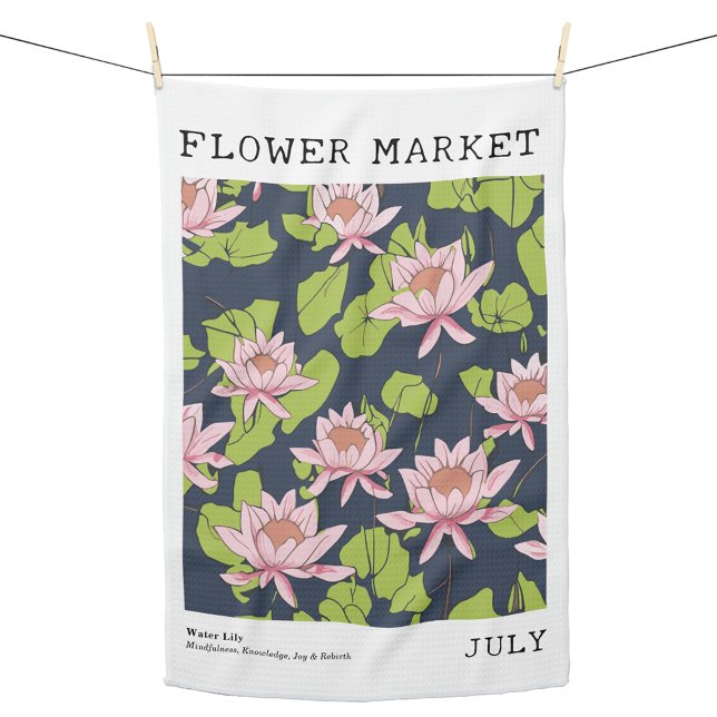 July Birth Flower Market Pink Water Lily Lotus Tea Towel (Personalized July Birth Flower Market Kitchen Towel, Custom Floral Print Kitchen Towel, Lotus Print)