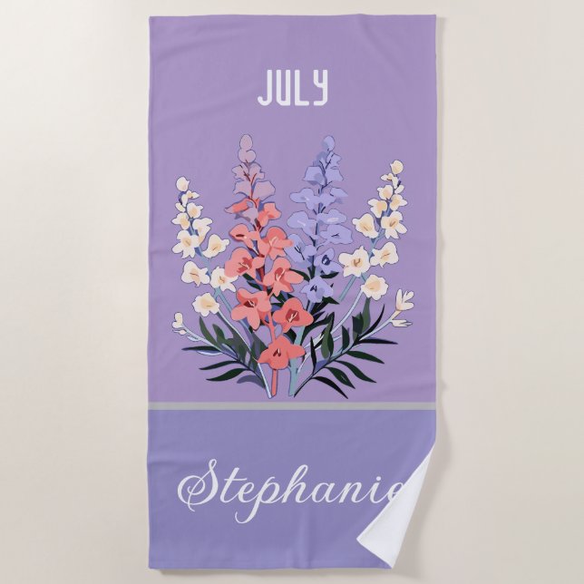July Birth Flower Personalised Name  Beach Towel (Front)