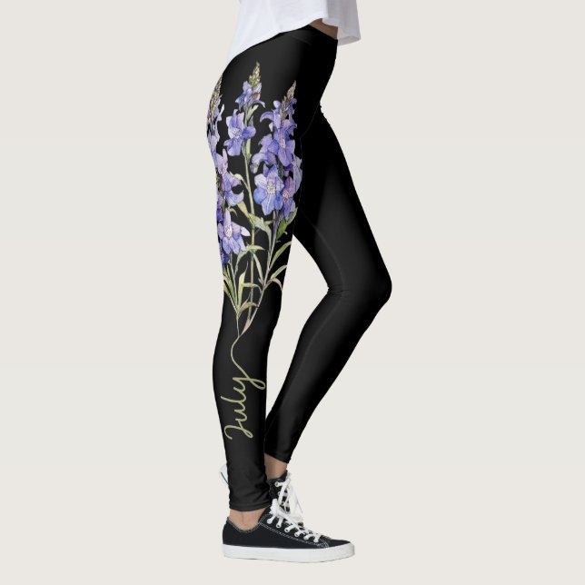 July Birth Flower, Purple Larkspur on Black Leggings (Right)