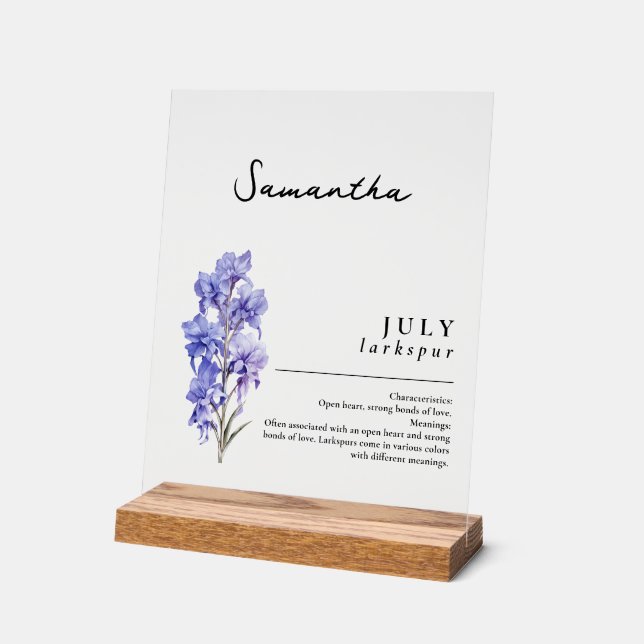 July Birth Month Flower Larkspur Personalised Acrylic Sign (Angle)