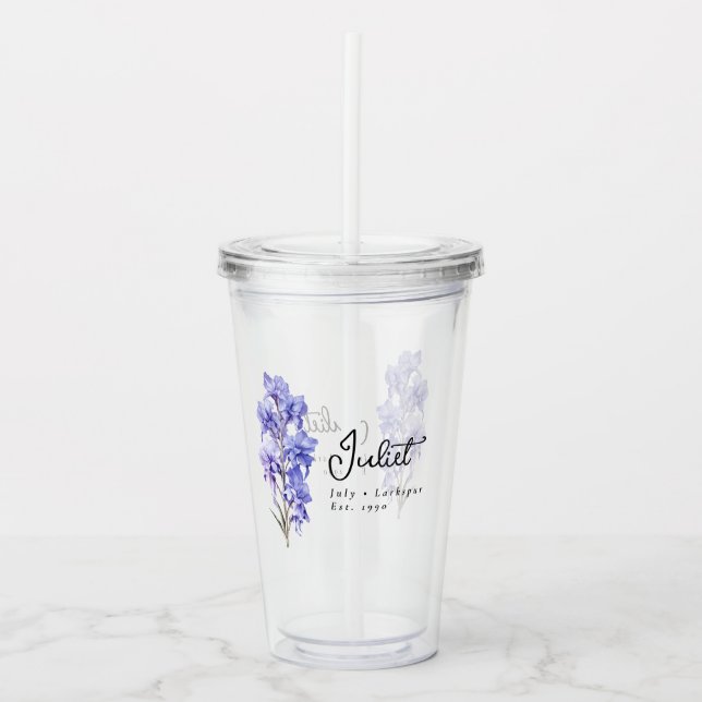 July Birth Month Flower Larkspur Personalised Acrylic Tumbler (Front)