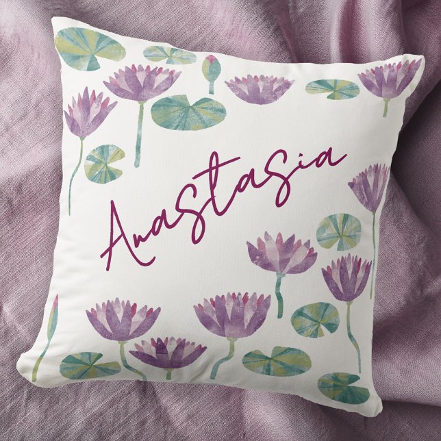 July Birth Month Water Lily Personalized Cushion (July birthday birth month flower water lily watercolor personalized custom name throw pillow gift)