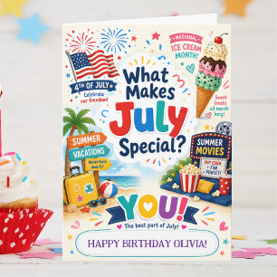 July Birthday Card for Girl 4th of July Summer Fun
